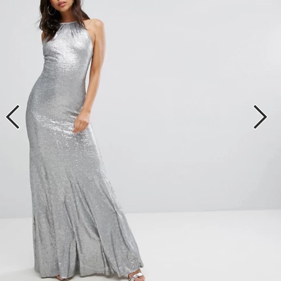 8UK 4US TFNC ASOS Silver Sequin strappy maxi dress - Picture 1 of 7